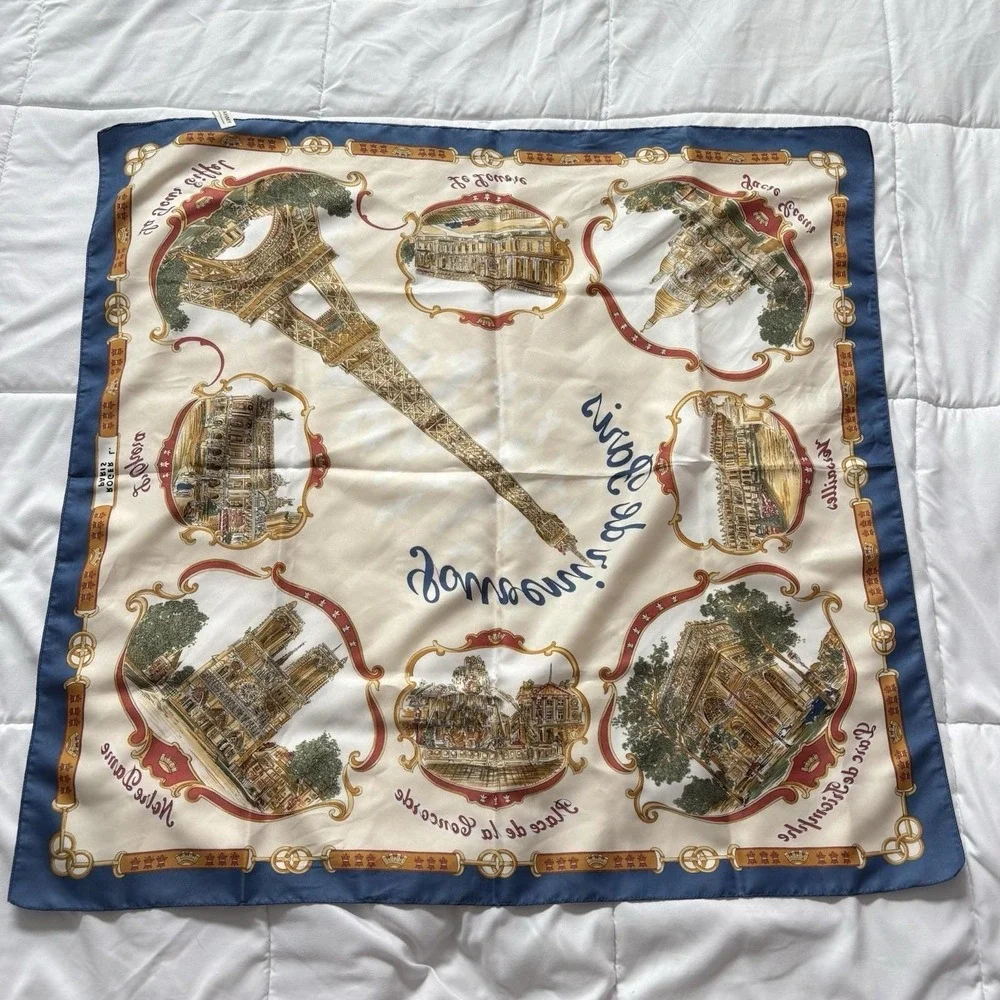 Vintage LAHMY Paris Souvenir Scarf Made In Italy Eiffel‎ Tower Landmarks 30x31